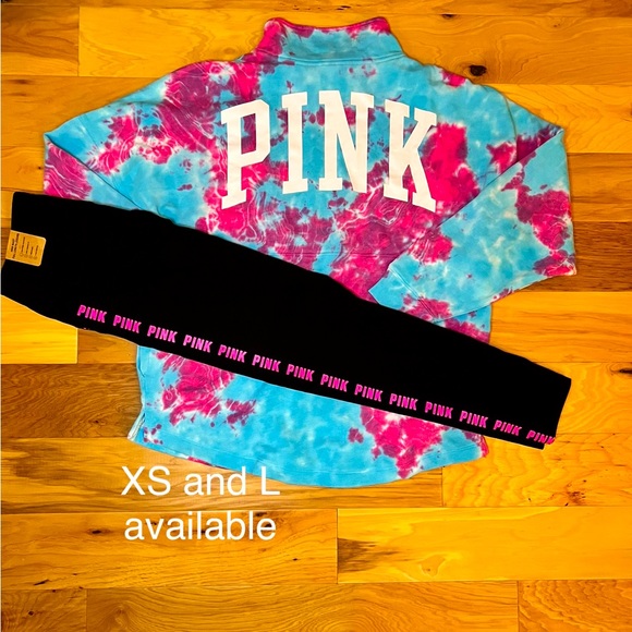 PINK Victoria's Secret Tops - VS PINK chill raspberry tie dye quarter zip sweatshirt and atomic pink leggings